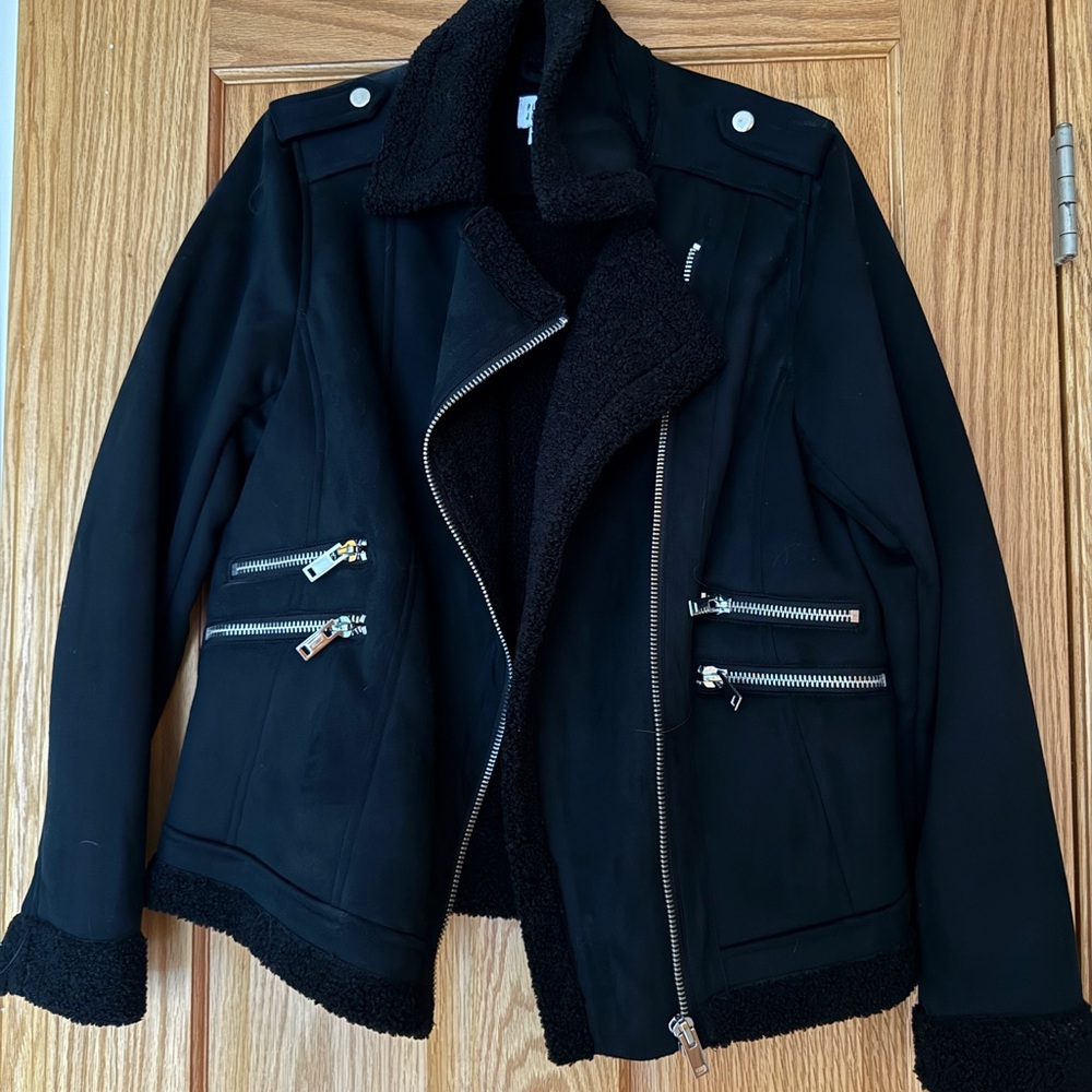 Black Sherpa-Lined Bomber Jacket with Asymmetric Zip